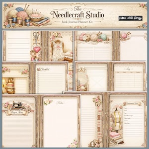 Puede incluir: Un kit de planificador de diario basura de estilo vintage con tem&aacute;tica de costura y manualidades. El kit incluye p&aacute;ginas con detalles florales y de encaje, con elementos como hilo, m&aacute;quinas de coser y maniqu&iacute;es. El t&iacute;tulo "The Needlecraft Studio" se muestra en la parte superior.