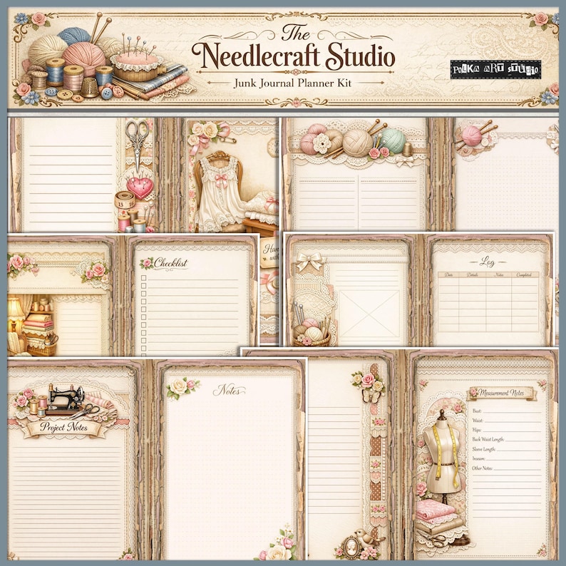Puede incluir: Un kit de planificador de diario basura de estilo vintage con tem&aacute;tica de costura y manualidades. El kit incluye p&aacute;ginas con detalles florales y de encaje, con elementos como hilo, m&aacute;quinas de coser y maniqu&iacute;es. El t&iacute;tulo "The Needlecraft Studio" se muestra en la parte superior.