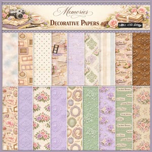 Könnte beinhalten: Eine Sammlung dekorativer Papiere mit Vintage-Thema. Die Papiere zeigen florale Muster, Cameo-Porträts und Schriftzüge in sanften Pastellfarben. Das Wort "Memories" wird oben angezeigt.