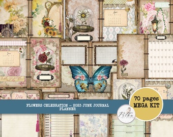 Junk Journal 2023 Floral Digital Planner, Mega Digi Kit-69 Journaling Pages, Flower of the Month Decorative Journal Pages, Printable Planner