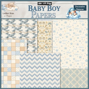 Puede incluir: Colecci&oacute;n de papeles decorativos para beb&eacute; ni&ntilde;o con varios dise&ntilde;os. Los dise&ntilde;os incluyen cintas azules, patchwork, chevron e ilustraciones tem&aacute;ticas de beb&eacute;s. Los papeles son tama&ntilde;o carta y presentan una paleta de colores suaves con motivos de osos de peluche y estrellas.