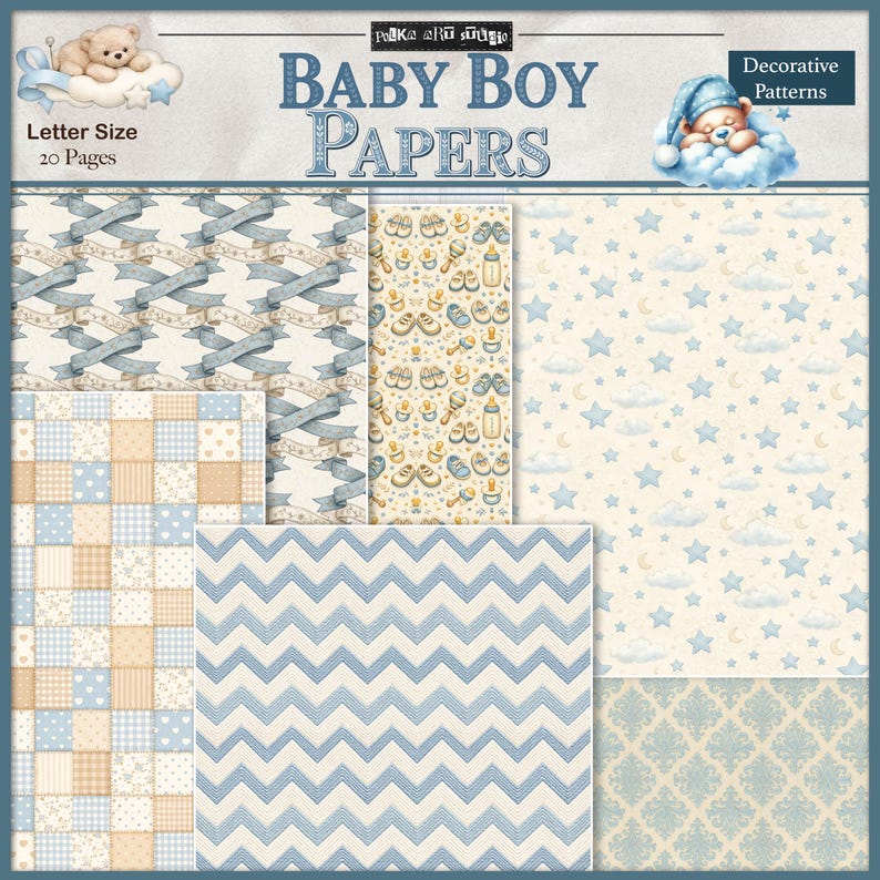 Puede incluir: Colecci&oacute;n de papeles decorativos para beb&eacute; ni&ntilde;o con varios dise&ntilde;os. Los dise&ntilde;os incluyen cintas azules, patchwork, chevron e ilustraciones tem&aacute;ticas de beb&eacute;s. Los papeles son tama&ntilde;o carta y presentan una paleta de colores suaves con motivos de osos de peluche y estrellas.