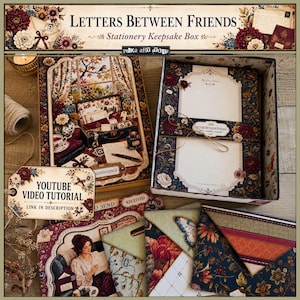 May include: A stationery keepsake box titled Letters Between Friends featuring floral patterns in burgundy, navy, and cream. The set includes decorative envelopes, writing paper, and a box lid with a vintage-style illustration of a desk scene.