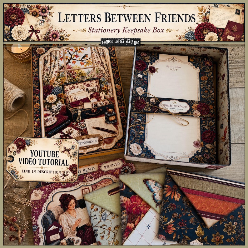 May include: A stationery keepsake box titled Letters Between Friends featuring floral patterns in burgundy, navy, and cream. The set includes decorative envelopes, writing paper, and a box lid with a vintage-style illustration of a desk scene.