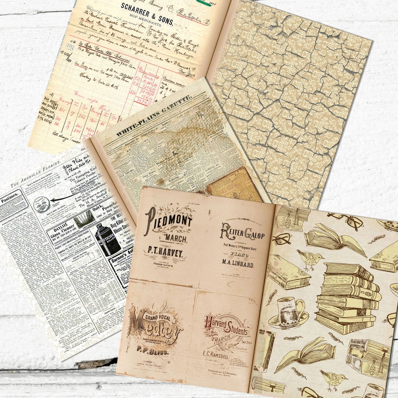 Junk Journal Blank decorative 30 double pages Pack / Neutral Vintage color papers / Instant download image 7