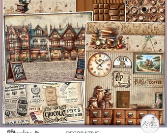 Digitale Junk Journal Kit, decoratieve papierset chocolade- en koffiepapier, Victoriaanse vintage decoratieve papieren, digitale download, Digi Kit