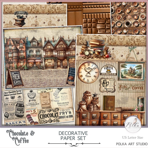 Digital Junk Journal Kit, Decorative Paper Set Chocolate and Coffee Papers, Victorian Vintage Decorative  Papers, Digital Download, Digi Kit