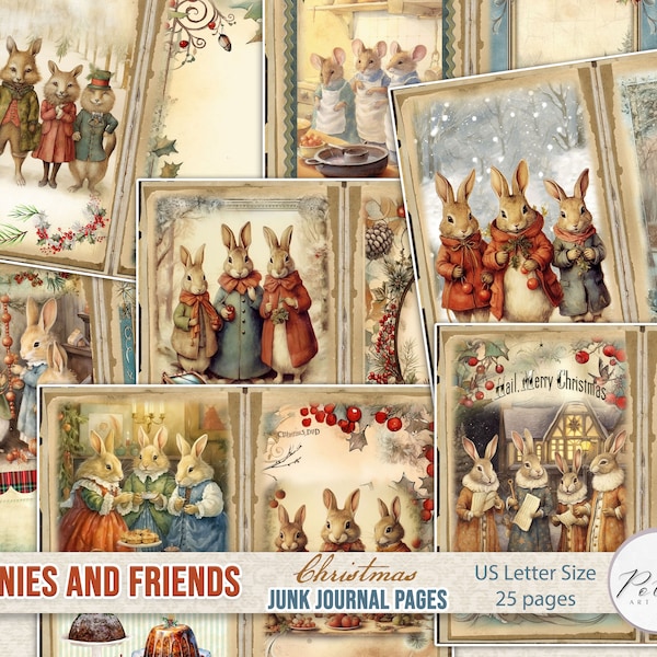 Digital Junk Journal Kit Christmas Victorian Bunnies, Fantasy Rabbits Journaling Pages, Printable Winter Download, Vintage Christmas