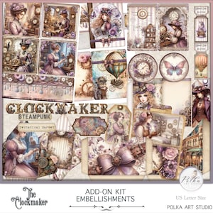 Digitale Steampunk Junk Journal-invoegtoepassing, Victoriaanse vintage paarse klokken, horloge afdrukbare vintage graphics, Instant Download Paper Pack