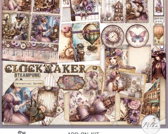 Digitale Steampunk Junk Journal Add-on Kit, Victoriaanse Vintage paarse klokken, bekijk afdrukbare vintage graphics, Instant Download Paper Pack