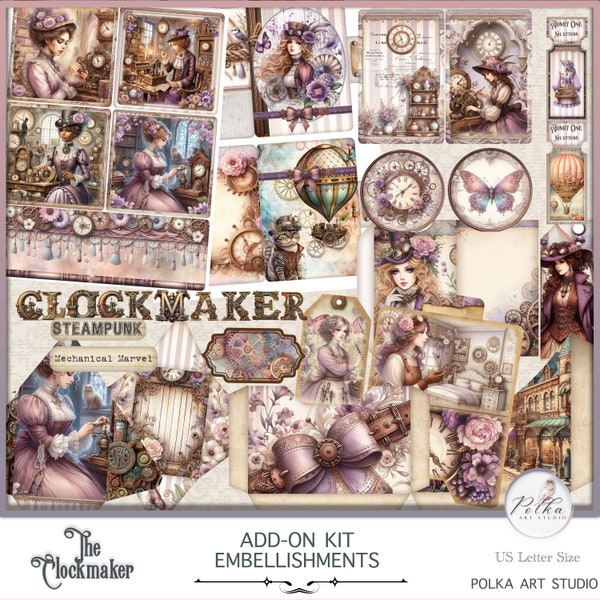 Digitale Steampunk Junk Journal Add-on Kit, Victoriaanse Vintage paarse klokken, bekijk afdrukbare vintage graphics, Instant Download Paper Pack