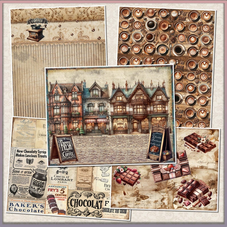 May include: A vintage-style illustration of a chocolate shop with a cobblestone street in front. The shop has a sign that says "Chocolat Lombard Paris" and a sign that says "Fresh Coffee". There are also signs for "Baker's Chocolate" and "New Chocolaty Syrup Makes Luscious Treats".