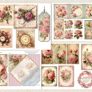 Journal indésirable, vintage, pages de journal shabby Chic roses roses et éphémères, étiquettes, fleurs, téléchargement numérique imprimable, pages florales de scrapbooking image 4