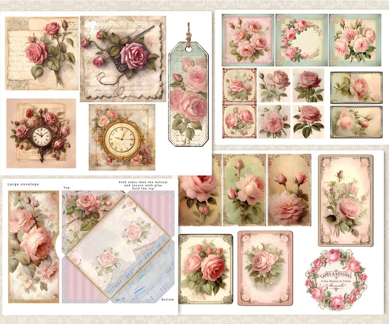 Journal indésirable, vintage, pages de journal shabby Chic roses roses et éphémères, étiquettes, fleurs, téléchargement numérique imprimable, pages florales de scrapbooking image 4