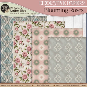 May include: A collection of decorative papers with various floral and patterned designs. The papers feature roses, damask, and other vintage-inspired motifs in shades of pink, green, and blue. The text on the image reads "Blooming Roses" and "20 Papers Letter Size".