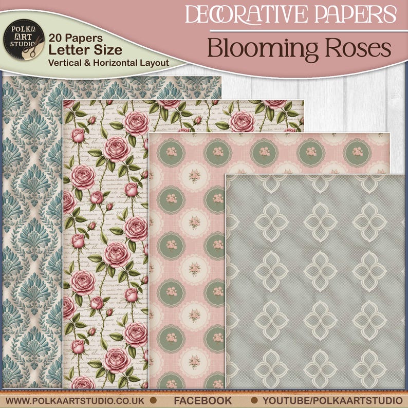 May include: A collection of decorative papers with various floral and patterned designs. The papers feature roses, damask, and other vintage-inspired motifs in shades of pink, green, and blue. The text on the image reads "Blooming Roses" and "20 Papers Letter Size".