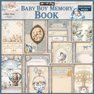 May include: A baby boy memory book with 31 pages. The cover features a teddy bear on a cloud and the text "Baby Boy Memory Book". Inside are pages with illustrations of teddy bears, baby carriages, and balloons in shades of blue and cream.