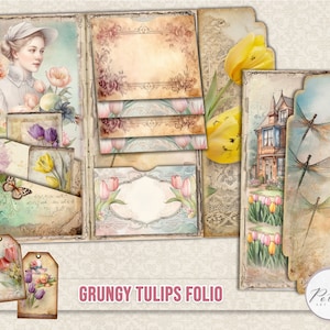 Junk Journal  Vintage Folio, Journal Insert, Tulips Vintage Ephemera, Loaded Folded Folio Printable Craft Digi Kit, Flowers,Scrapbook