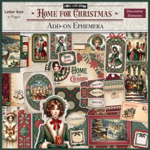 May include: A collection of decorative Christmas ephemera with a vintage aesthetic. The design features illustrations of women, winter scenes, and the text "Home for Christmas." The color palette includes red, green, and cream.