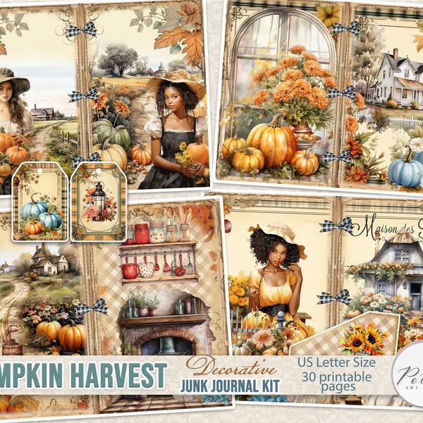 Digital Junk Journal Kit Fall, Autumn Pumpkin Harvest, Thanksgiving Journaling Pages, Printable  Download,Vintage Countryside,Ephemera