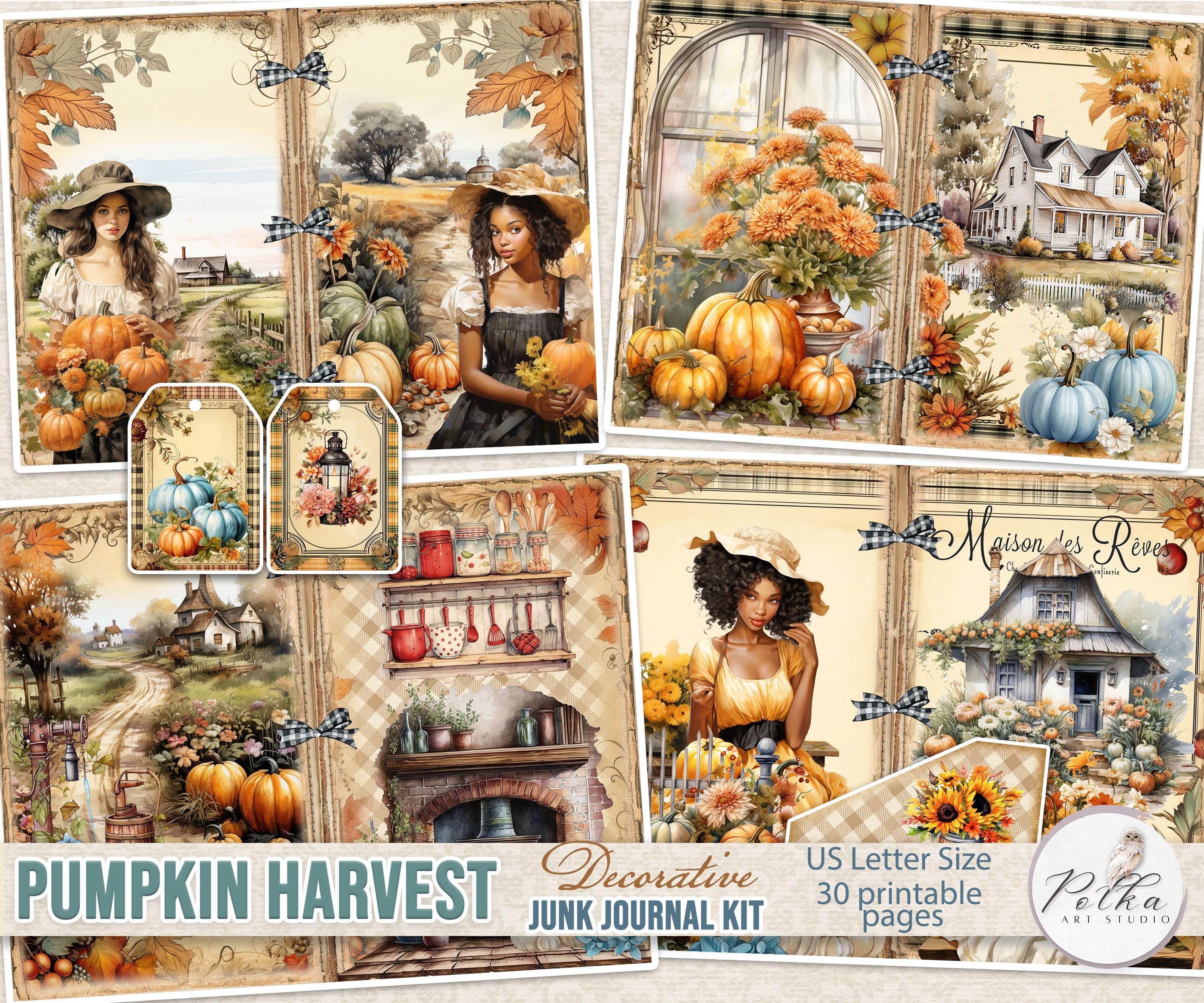 Digital Junk Journal Kit Fall, Autumn Pumpkin Harvest, Thanksgiving Journaling Pages, Printable  Download,Vintage Countryside,Ephemera