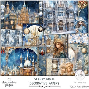 Papéis decorativos azuis digitais de Natal Fantasia caprichosa, páginas de diário, download digital para impressão, inverno vitoriano, coisas efêmeras, colagem