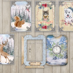 May include: A set of printable digital papers featuring winter scenes with animals. The papers include a squirrel in a snowy forest, a deer in a snowy forest, a cat wearing a bow tie, a dog wearing a Santa hat, a clock in a snowy mountain scene, and a blank frame.