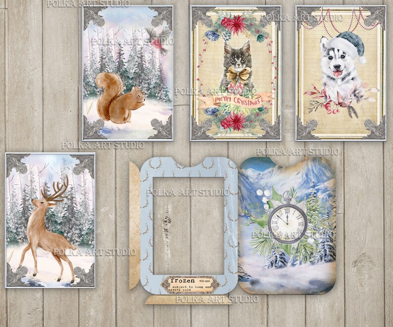 May include: A set of printable digital papers featuring winter scenes with animals. The papers include a squirrel in a snowy forest, a deer in a snowy forest, a cat wearing a bow tie, a dog wearing a Santa hat, a clock in a snowy mountain scene, and a blank frame.