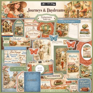 Puede incluir: Una colección de efímeras con temática de viajes con ilustraciones de paisajes urbanos europeos, postales y mariposas. El diseño incluye el texto "Journeys & Daydreams", "Market Day" y "Travel Notes". La paleta de colores presenta verdes suaves, azules y tonos cálidos.