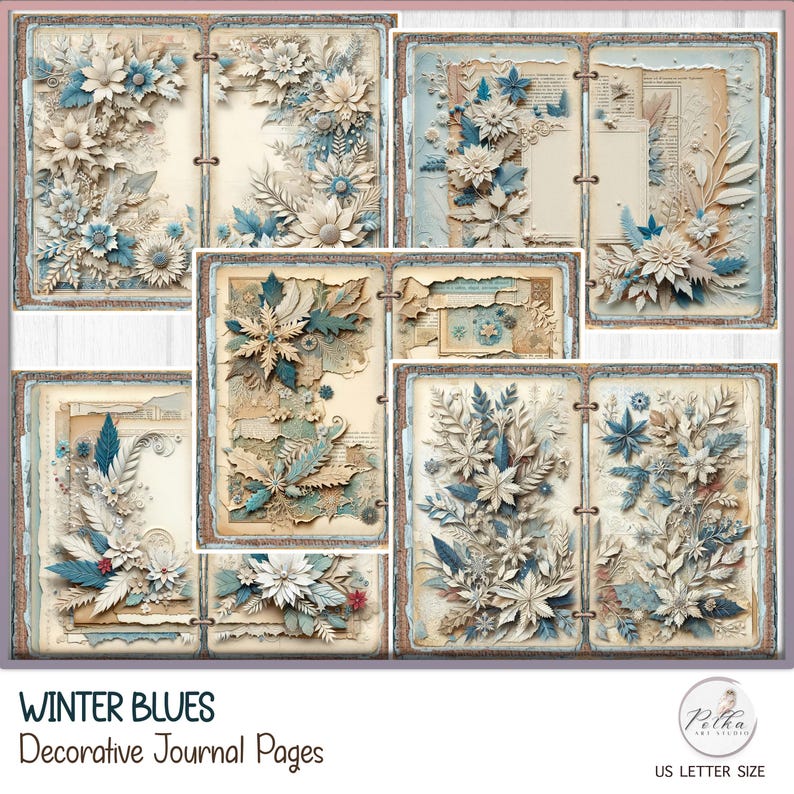 Winter Digital Junk Journal Decorative Papers, Floral Blue Pages