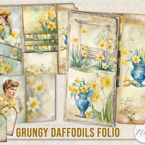 Lixo diário vintage fólio, inserção de diário, narcisos coisas efêmeras vintage, fólio dobrado carregado para impressão artesanato digi kit, flores, álbum de recortes