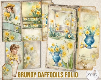 Daffodils Junk Journal: Vintage Ephemera Folio, Printable Digi Kit (Digital Download) floral folio