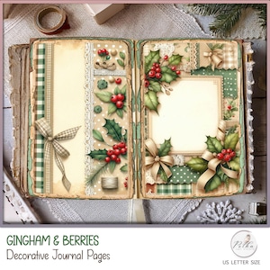 Christmas Junk Journal Decorative Gingham e Bacche Verde Inverno Pagine del diario, Scrapbooking, Pacchetto di carta Vintage Download immediato