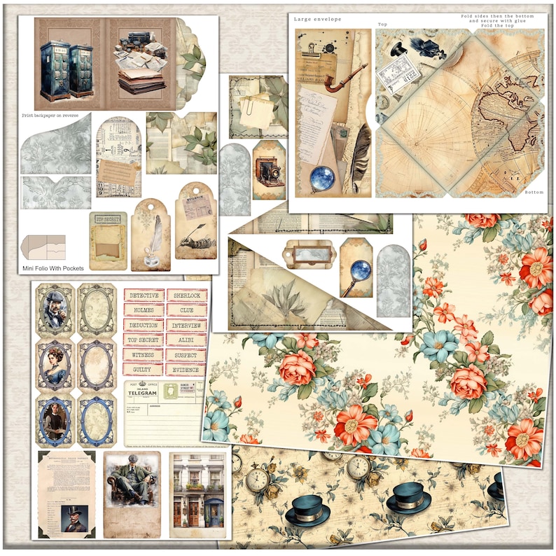 May include: A digital scrapbooking kit with a vintage detective theme. The kit includes a variety of elements, such as papers, tags, frames, and embellishments. The kit is perfect for creating scrapbook pages, cards, and other paper crafts.