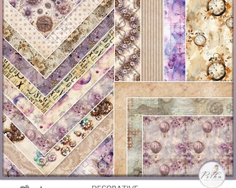 May include: A digital paper pack with a steampunk theme featuring purple, brown, and cream colors. The pack includes 12 digital papers with various patterns, including gears, clocks, and floral designs. The papers are designed for scrapbooking, card making, and other crafting projects.