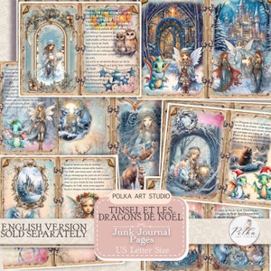 Digital Junk Journal Kit, Winter Fairytale Fairies & Dragons, Complete French Story Journaling Pages, Vintage Fairytale Ephemera, Fantasy