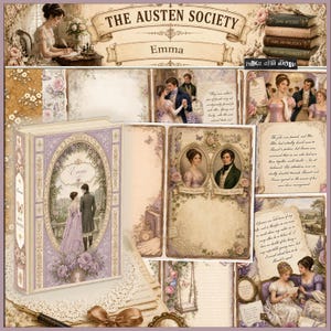 May include: A collage featuring elements from Jane Austen's "Emma." It includes a book with a lavender cover, illustrations of characters, and handwritten notes. The title "The Austen Society" is displayed at the top, with the book title "Emma" below.