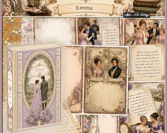May include: A collage featuring elements from Jane Austen's "Emma." It includes a book with a lavender cover, illustrations of characters, and handwritten notes. The title "The Austen Society" is displayed at the top, with the book title "Emma" below.