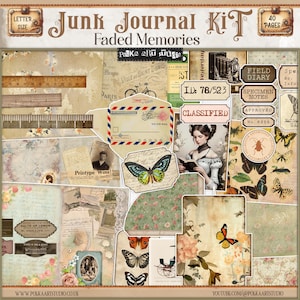 Może przedstawiać: Cyfrowy zestaw do kolażu do tworzenia junk journalingu w stylu vintage. Zestaw zawiera obrazy motyli, kwiatów, map, kopert i innych elementów efemerycznych. Tytuł zestawu to "Junk Journal Kit: Faded Memories".
