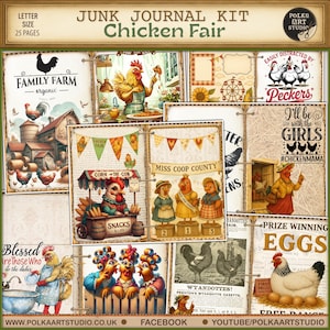 Chicken Fair Junk Journal Kit – 25 Printable Farm-Themed Pages with Vintage Hens, Tags & Ephemera – Digital Chicken Scrapbook Paper Set