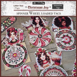 May include: A collection of Christmas-themed interactive tags. The tags feature illustrations of women, candy canes, and festive designs. The color palette includes red, green, and white. Text on the tags includes "Christmas Joy", "Christmas Cheer", and "Where Wonder and Joy Meet".