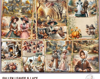 May include: A collage of vintage-style images featuring autumn leaves, lace, and scenes of nature. The images are ideal for scrapbooking, card making, or other crafting projects. The images are in US letter size.