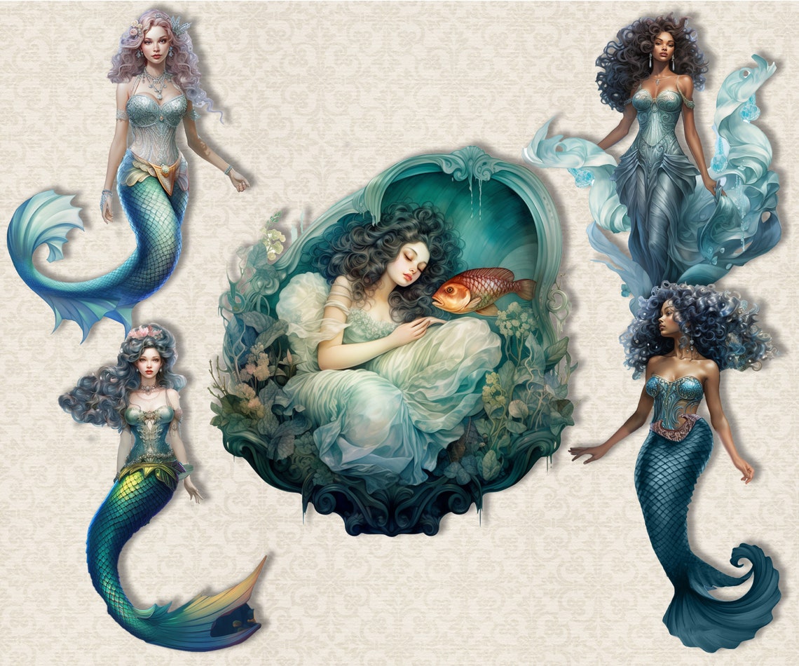 Mermaid Clipart Set: Ocean Fantasy PNG Images for Junk Journals ...