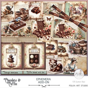 Digital Junk Journal Add-on Kit, chocolade en koffie kortstondige papieren, Victoriaanse vintage decoratieve tags, kaarten, enveloppen, papieren, download
