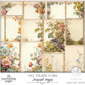 Kit digital de diário botânico de outono, páginas de diário decorativo para impressão de flores silvestres de outono, colagem de ervas, kit de papel de scrapbook, natureza