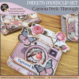 Junk Journal Ephemera Embellishments, Camera Peek-Through Hidden Paperclip Set – Shabby Chic Birds & Roses, Double-Sided Clip Pockets