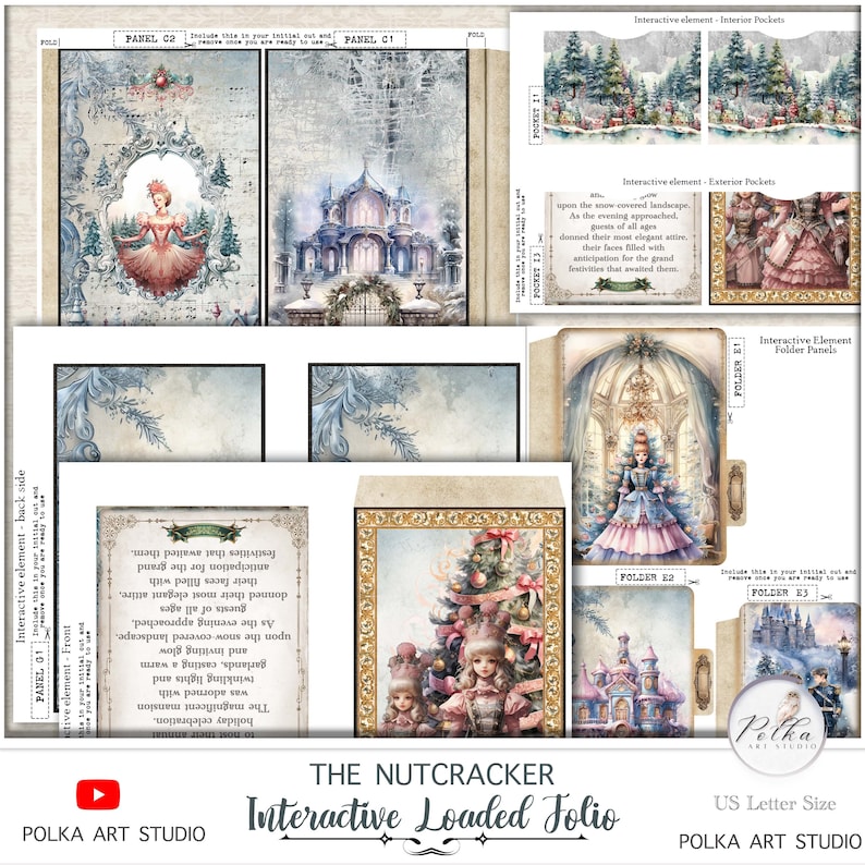 Op de afbeelding: Een printbare interactieve folio voor knutselen, met een Notenkraker-thema. De folio bevat een verscheidenheid aan afbeeldingen, waaronder een besneeuwd landschap, een kasteel en een kerstboom. De folio is ontworpen om uit te knippen en in elkaar te zetten, waardoor een uniek en interactief knutselproject ontstaat.
