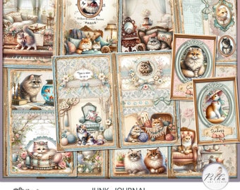 Digitale Junk-Journal-Seiten, digitale Katzen druckbares Vintage-Kit, Collage-Papiere, druckbarer Download, Scrapbook, Papierhandwerk, Verzierungen