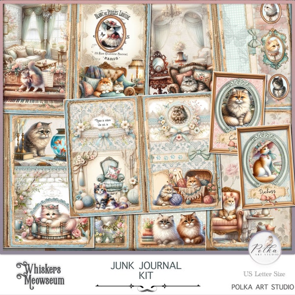 Digitale Junk-Journal-Seiten, digitale Katzen druckbares Vintage-Kit, Collage-Papiere, druckbarer Download, Scrapbook, Papierhandwerk, Verzierungen