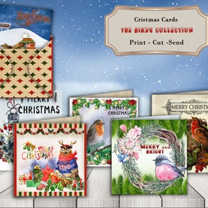 Pack afdrukbare kerstkaarten - Mix and Match - "The Birds Collection" 6 kaarten / enveloppen / achtergrondpapier - kaarten direct downloaden